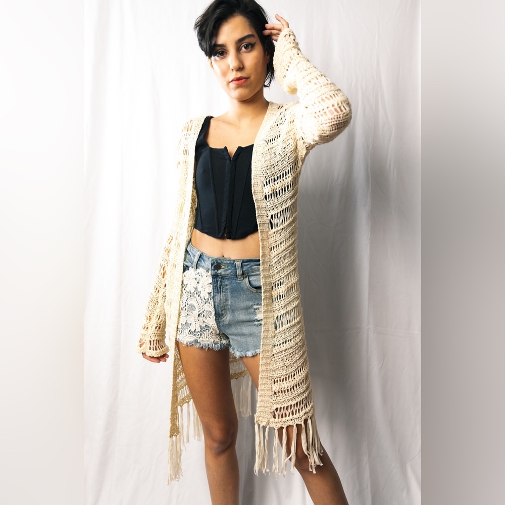 SAY WHAT ? Crocheted, bell sleeve long cardigan )